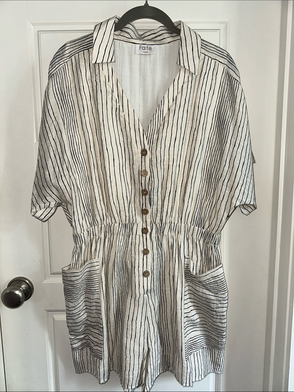 Fate Striped Button-Front Romper in White and Black